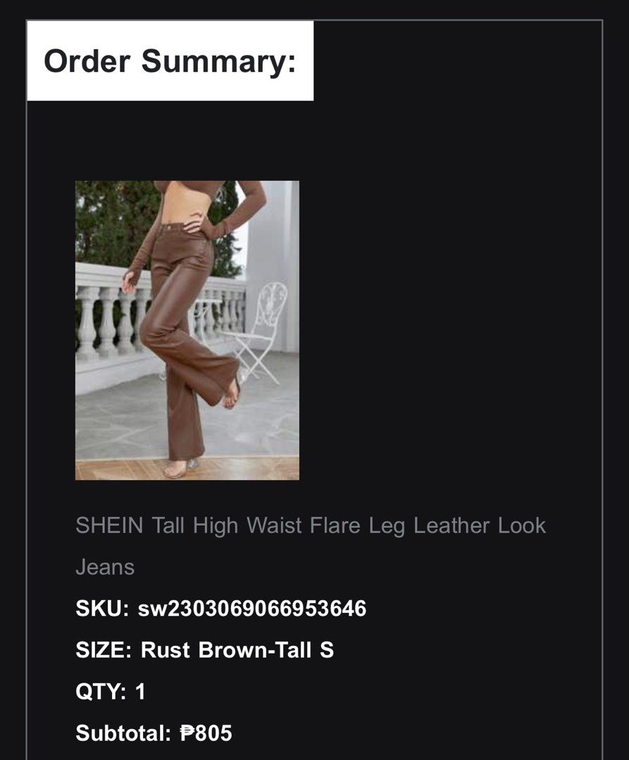 Tall Flare Leg Leather pants (Category: Jeans) located in Valenzuela. Submitted by sasha2802 (Listing ID 1468200234, Image 3). Description: - Rust brown with a glossy finish - Button and zipper - Stretchy leather - closet declutter sale.