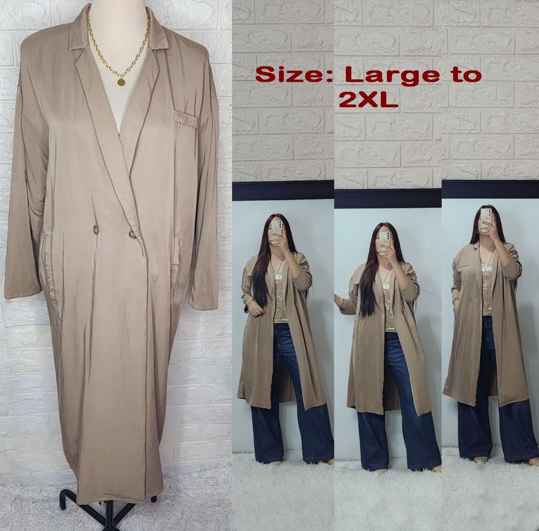 Tan Light weight Long Coat (Category: Coats, Jackets and Outerwear) located in Quezon City. Submitted by graciejosue (Listing ID 1468059426, Image 1). Description: Rare piece apparel at a very reasonable price and great condition!!! Washed and ready to wear. Color: Neutral Tan/earth tone Styling: Great for both formal trousers and casual jeans Excellent layering piece for daily wear Size: Large to 2XL Condition: 9.5/10 .