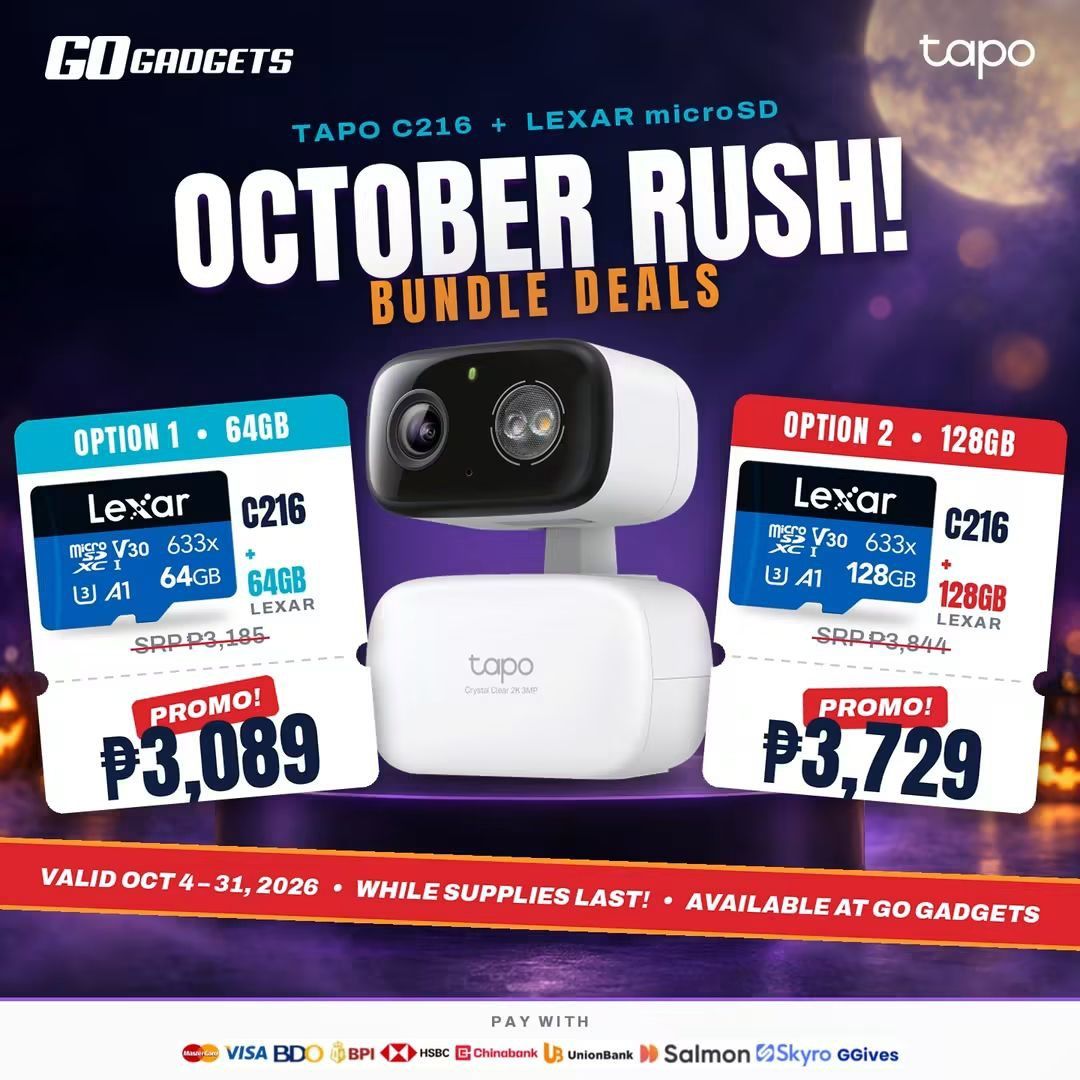 Tapo C216 + Lexar microSD (Category: Security Systems & CCTV Cameras) located in Caloocan City. Submitted by kentsalvador31 (Listing ID 1468138746, Image 2). Description: OCTOBER RUSH BUNDLE DEALS! 🔥 Get your Tapo C216 + Lexar microSD bundle now! 📦 64GB Bundle – ₱3,089 📦 128GB Bundle – ₱3,729 Promo runs from October 4–31, 2026, while supplies last! Visit Go Gadgets and grab yours today! 🛒 Go Gadgets - Kawit Cavite 💬 Message us now for full s