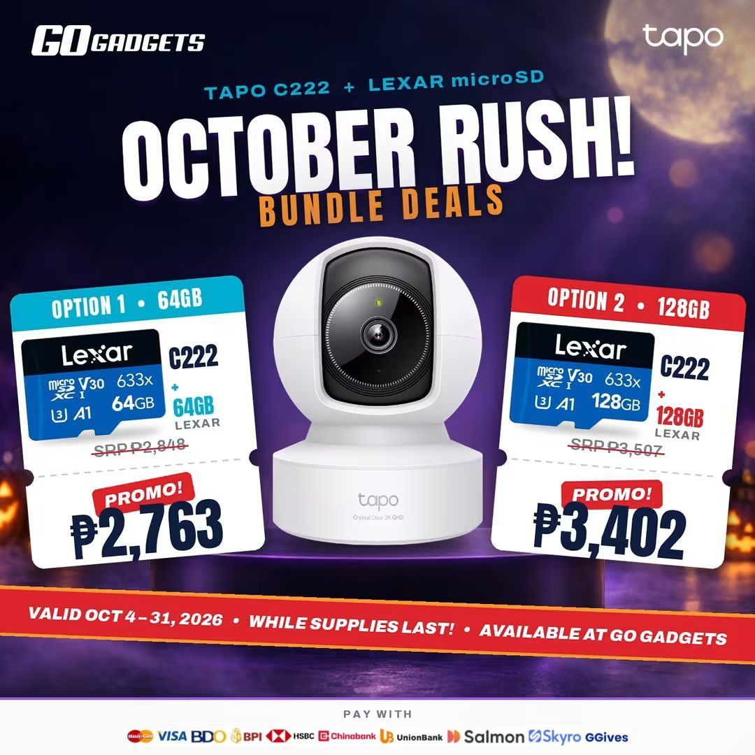 Tapo C222 + Lexar microSD (Category: Security Systems & CCTV Cameras) located in Caloocan City. Submitted by kentsalvador31 (Listing ID 1468138531, Image 2). Description: 🔥 OCTOBER RUSH BUNDLE DEALS! Upgrade your home security with the Tapo C222 + Lexar microSD! 🏠 📦 64GB Bundle – ₱2,763 📦 128GB Bundle – ₱3,402 Promo valid until October 31, 2026, while supplies last! Grab yours now at Go Gadgets! 🛒 Go Gadgets - Kawit Cavite 💬 Message us now 