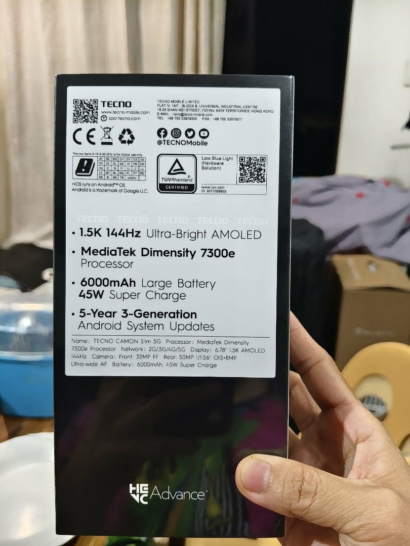 Tecno Camon Slim 5G 256GB (Category: Android Others) located in Bacolod City. Submitted by haram0000911294 (Listing ID 1468177001, Image 3). Description: - Model: Tecno Camon Slim 5G - Color: burgundy - Storage: 256GB - Design: Ultra-slim 6.39mm body with IP69 water resistance - Display: 1.5K 144Hz AMOLED screen - Performance: Powered by MediaTek Dimensity 7300e processor - Camera: 50MP Sony main camera - Battery: 6000mAh battery with 45W super c
