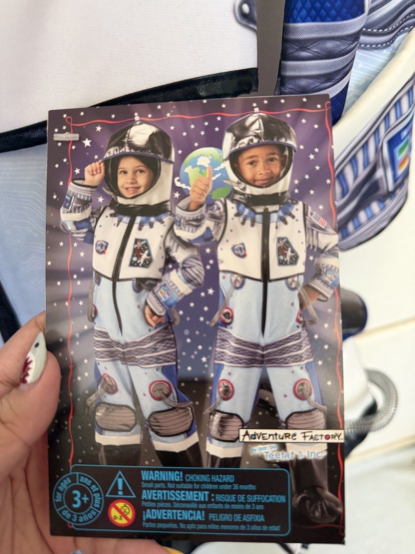 Astronaut Costume (Category: Babies & Kids Fashion) located in Calumpit. Submitted by milkncookiess (Listing ID 1468098707, Image 3). Description: - Brand: Teetot & Inc. Adventure Factory - Item: Kids Astronaut Costume - Size: 5-6 - Condition: Brand new with original tags still attached - Inclusions: Full jumpsuit with printed space patches and attached tubes, plus a matching soft astronaut helmet - Perfect for: Halloween, costume parties, school