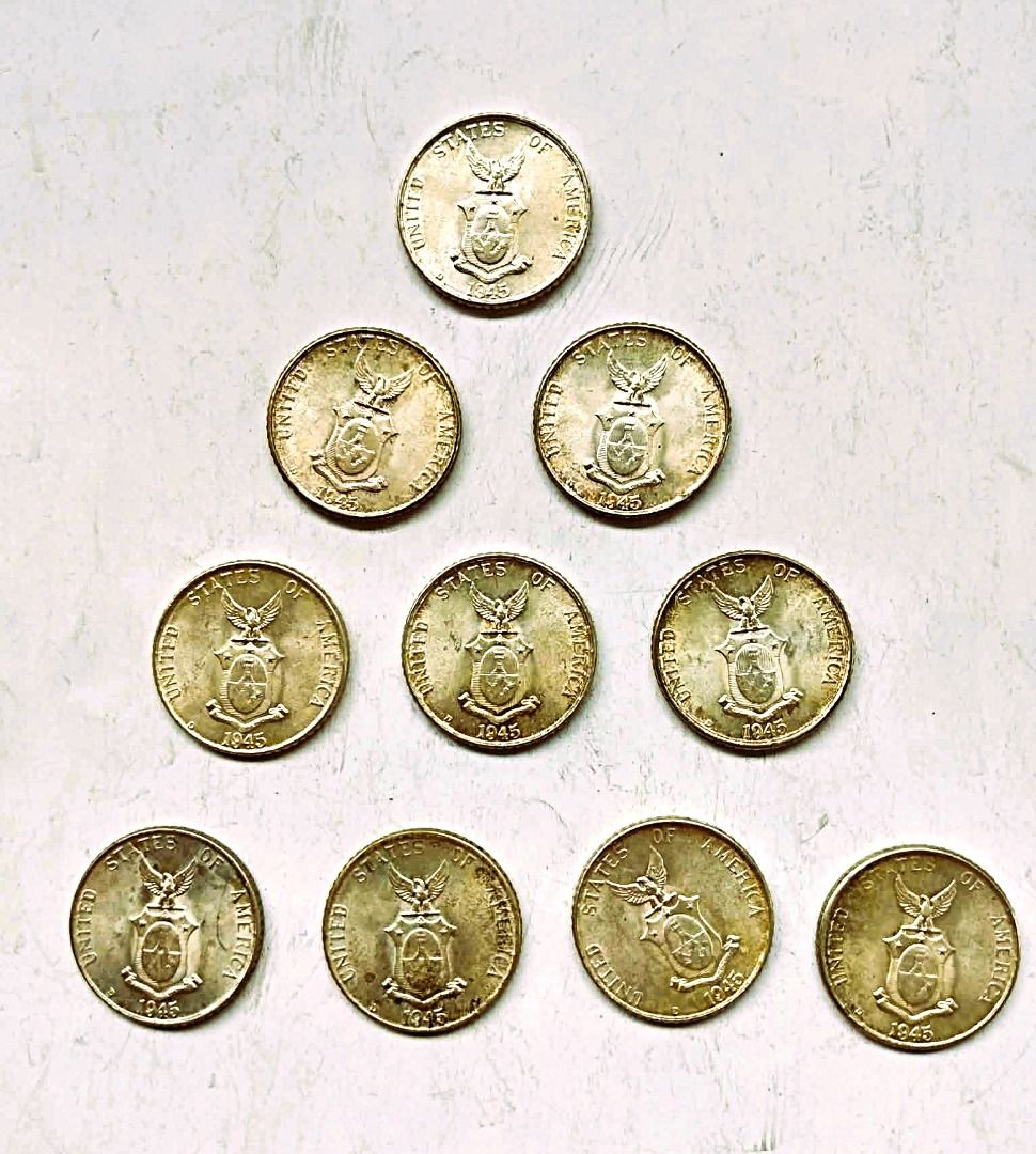 TEN Philippine Silver Coins (Category: Currency) located in Quezon City. Submitted by louie.s (Listing ID 1468122608, Image 2). Description: USPI 1945 10¢ Unc/Toned 10pcs ₱1,500+SF.