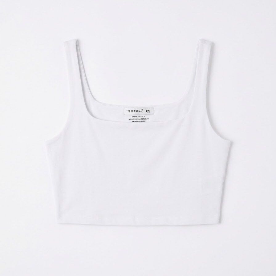 Terranova White Square Neck Crop Top XS (Category: Sleeveless) located in Las Pinas. Submitted by dreas.thrift (Listing ID 1468199169, Image 1). Description: - Brand: Terranova - Size: XS - Color: White - Design: Square neckline with wide straps - Origin: Made in Italy - Condition: Great basic piece for everyday minimalist styling.