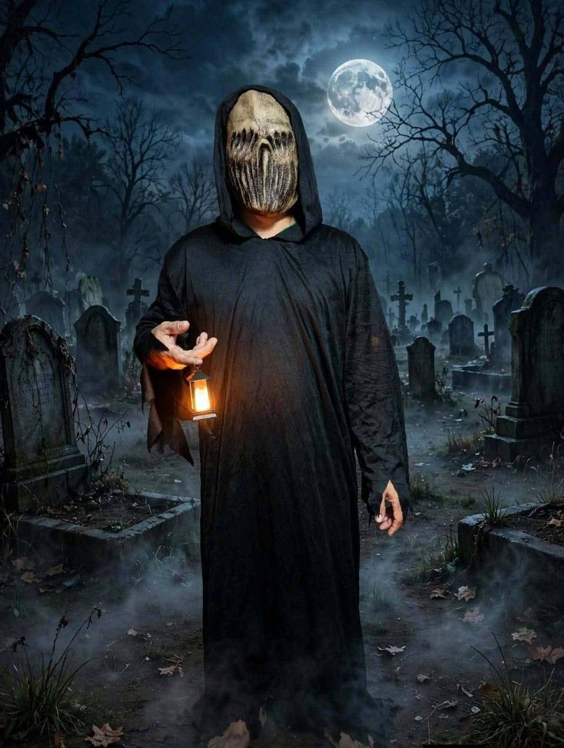 The Dark Phantom Simple Halloween Costume Set (Category: Looking For) located in Caloocan City. Submitted by rb_17 (Listing ID 1468274738, Image 1). Description: - Dark Phantom costume set with a creepy reaper vibe - Includes a black hooded robe with ragged sleeves - Features a textured skull mask with unique vertical slit details - Comes with a handheld lantern that produces a warm glow - Complete, ready-to-wear outfit ideal for Halloween and co