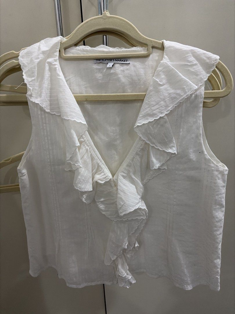 The Editor's Market White Ruffle Blouse (Category: Blouses) located in Tuguegarao City. Submitted by alyssa.closet96 (Listing ID 1468077391, Image 2). Description: - Brand: The Editor's Market - Size: S - Design: Subtle vertical stripes and pleated side panels - used once - Condition: Excellent - RFS: gained weight, do not fit anymore.