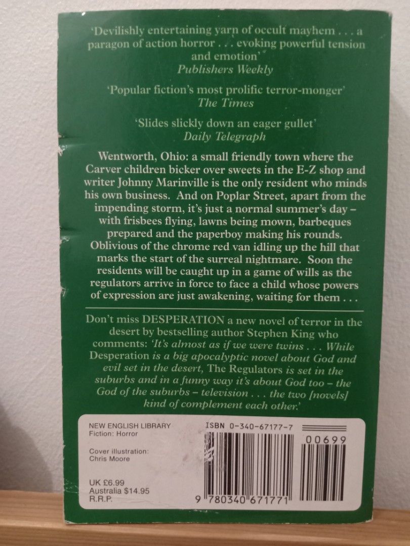 The Regulators by Richard Bachman Stephen King Paperback (Category: Storybooks) located in Bacolor. Submitted by appletun (Listing ID 1468244560, Image 2). Description: all sales final. no returns/refunds/exchange. mop: gcash. no cod/cop/sco. handling/mod: spx +P70sf. - Title: Thriller novel by Richard Bachman (Stephen King) - Publisher: New English Library - ISBN: 0-340-67177-7 - Format: Paperback - Condition: Pages show tanning from age; cover 