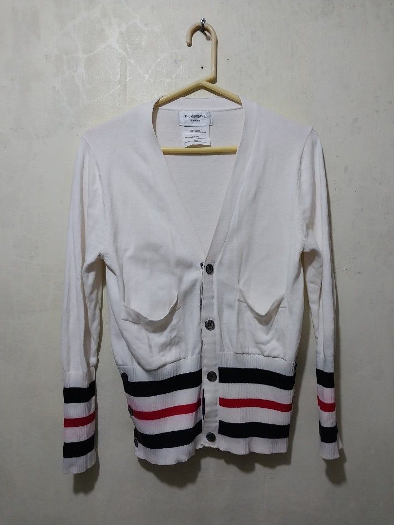 Thom Browne RWB Stripe Knit Cardigan Neutrals (Category: Coats, Jackets and Outerwear) located in Manila. Submitted by PrinceDani.Clothing (Listing ID 1468096138, Image 2). Description: Thom browne rwb stripes knit cardigan small on tag 18in width 23in length issue: stain color transfer in stripes vg condition .