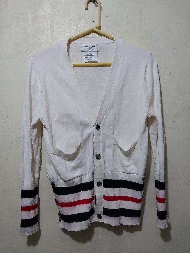 Thom Browne RWB Stripe Knit Cardigan Neutrals (Category: Coats, Jackets and Outerwear) located in Manila. Submitted by PrinceDani.Clothing (Listing ID 1468096138, Image 3). Description: Thom browne rwb stripes knit cardigan small on tag 18in width 23in length issue: stain color transfer in stripes vg condition .