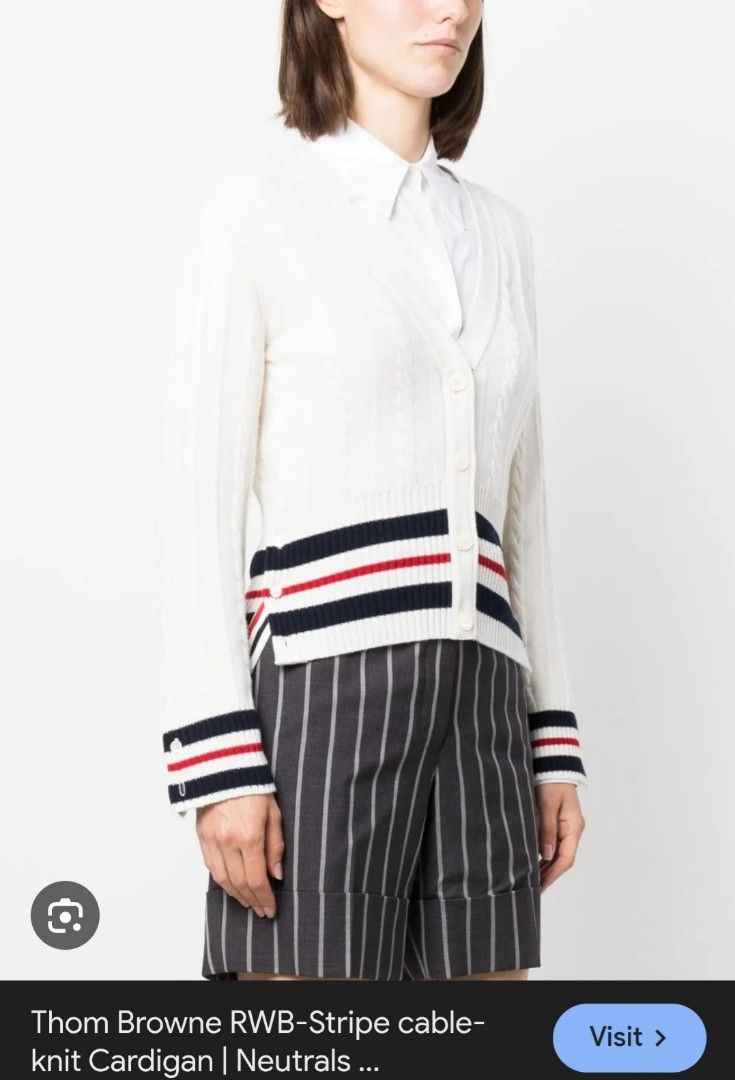 Thom Browne RWB Stripe Knit Cardigan Neutrals (Category: Coats, Jackets and Outerwear) located in Manila. Submitted by PrinceDani.Clothing (Listing ID 1468096138, Image 1). Description: Thom browne rwb stripes knit cardigan small on tag 18in width 23in length issue: stain color transfer in stripes vg condition .