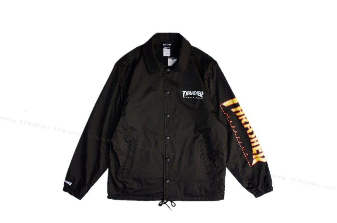 Thrasher Magazine Flame Sleeve Black Coach Jacket (Category: Coats, Jackets and Outerwear) located in Manila. Submitted by youngturtle.8e129a (Listing ID 1468280978, Image 1). Description: - Brand: Thrasher Magazine - Item: Coach Jacket - Color: Black - Size: Lager - Details: Flame logo on left sleeve, small Thrasher text on chest and right cuff - Features: Snap button closure, dual side pockets, drawstring hem - Style: Classic streetwear.
