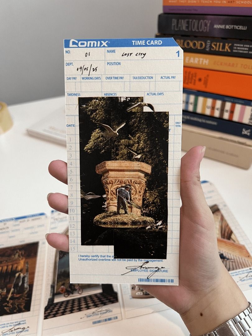 Time Card Collage Prints (Category: Stamps & Prints) located in Manila. Submitted by shoeracs (Listing ID 1468099519, Image 2). Description: [01] LOST CITY [02] RIVER OF MEMORIES [05] SOMEWHERE AT THE END OF THE ROAD [06] SLIDES [08] WHAT'S THE TEA? [09] SUMMER IN EUROPE [10] STARGAZING Limited copies per print! Suitable for journaling, bookmarking, and other uses. RFS: Decluttering MOP: GCash MOD: Shipping c/o Buyer.