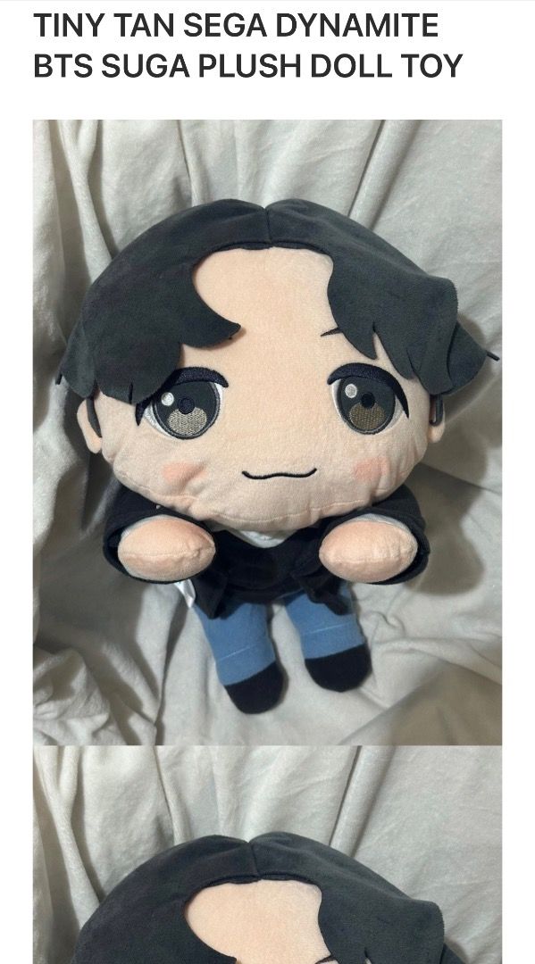 TinyTAN Suga Dynamite SEGA Plush Doll Toy (Category: Plushies & Soft Toys) located in Cavite. Submitted by ice_dandan_ (Listing ID 1468280269, Image 1). Description: - Official SEGA TinyTAN Suga plush doll (Dynamite collection) - Features detailed embroidery and iconic music video outfit - Includes original official branding and licensing tag - Made in Vietnam - Clean, well-kept condition, perfect for BTS ARMY collectors.