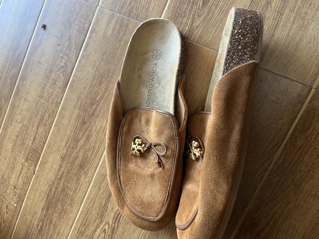 Tory Burch brown suede loafers size 7 (Category: Loafers) located in Manila. Submitted by shanaaa.collects (Listing ID 1468066816, Image 2). Description: - Brand: Tory Burch - Style: Slip-on loafers with cork sole and bow detail with gold hardware - Color/Material: Brown suede - Size: 7 M - Condition: Shows some wear on bottom soles and footbeds, but plenty of life left - Perfect, super comfy style for casual days.