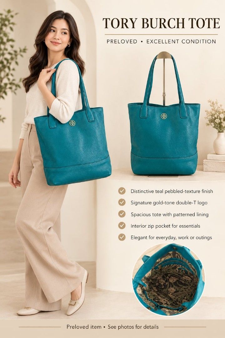 Tory Burch Teal Pebbled Leather Tote Bag (Category: Tote Bags) located in Digos. Submitted by chicandglowbargains (Listing ID 1468070858, Image 1). Description: - Brand: Tory Burch - Material: Premium teal pebbled leather - Hardware: Gold-tone double-T logo on front - Straps: Comfortable double shoulder straps with structured drop - Interior: Spacious with a decorative floral and vine pattern, plus an interior zip pocket - Base: Structured base p