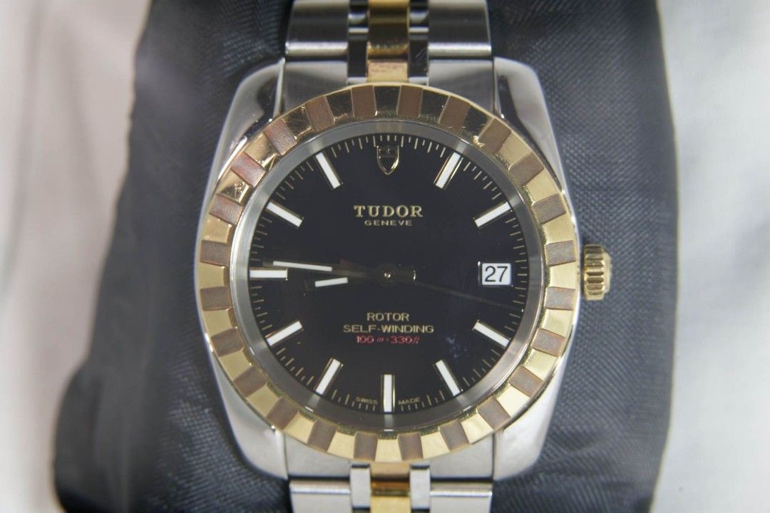 Tudor Classic Date Two-Tone Watch (Category: Luxury Watches) located in Quezon City. Submitted by westlites (Listing ID 1468106937, Image 1). Description: Tudor Classic Date 21013. Automatic 18K yellow gold and steel 38mm case and two-tone bracelet with black dial, 100 meters water resistant. Very clean with back plastic sticker, complete with box and papers and spare links. Authentication at buyer's cost. Asking P120K, please text or call 097728