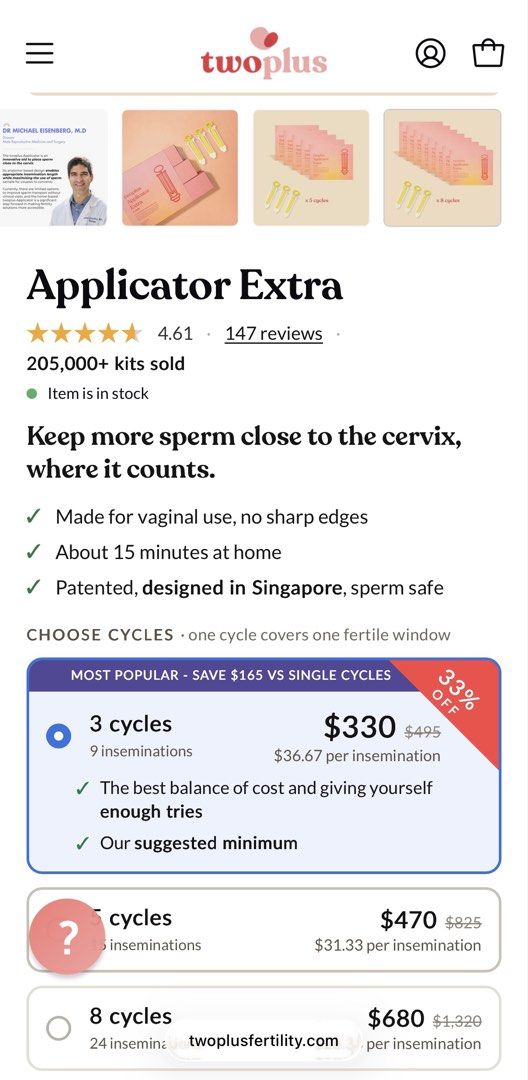 Two plus Applicator (Category: Medical Supplies & Tools) located in Singapore. Submitted by enchanting_life (Listing ID 1468137974, Image 4). Description: - Assisted pregnancy devices - for home use, self insemination applicator. About how to use the applicator, pls refer to the official website. - bought 9 units for $330 from official website, only used 1 unit. - so the rest of 8 units are for sale, take all 8 units for $200. Otherwise $28 per u