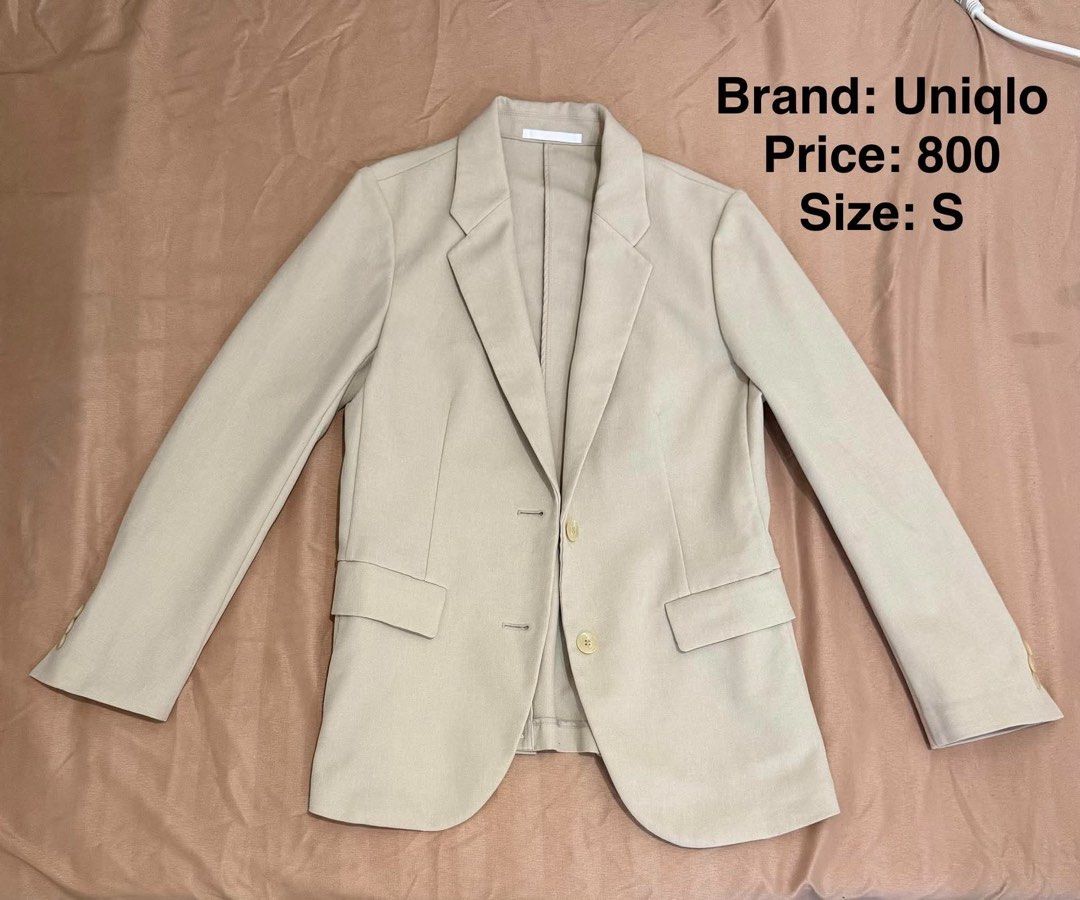Uniqlo Beige Blazer Size S (Category: Coats, Jackets and Outerwear) located in Makati City. Submitted by shanineee (Listing ID 1468116014, Image 1). Description: - Brand: Uniqlo - Size: Small - Color: Neutral beige (goes with everything) - Closure: Two-button front - Pockets: Functional flap pockets on both sides - Details: Structured lapels and button cuffs at the wrists - Style: Versatile for work, smart-casual, or everyday outings.
