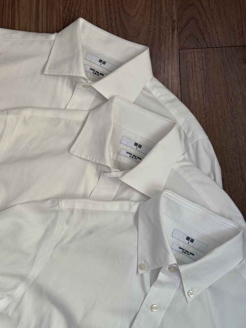 Uniqlo Non Iron small (Category: Formal Shirts) located in Manila. Submitted by ibanezph (Listing ID 1468109751, Image 1). Description: Uniqlo Non Iron longsleeves Size SMALL 9/10 condition No issues 1 pc black 8/10 color rate 3pcs white Selling as package only 3,000 for 4pcs 800each Angono rizal area Lalamove or pickup only.