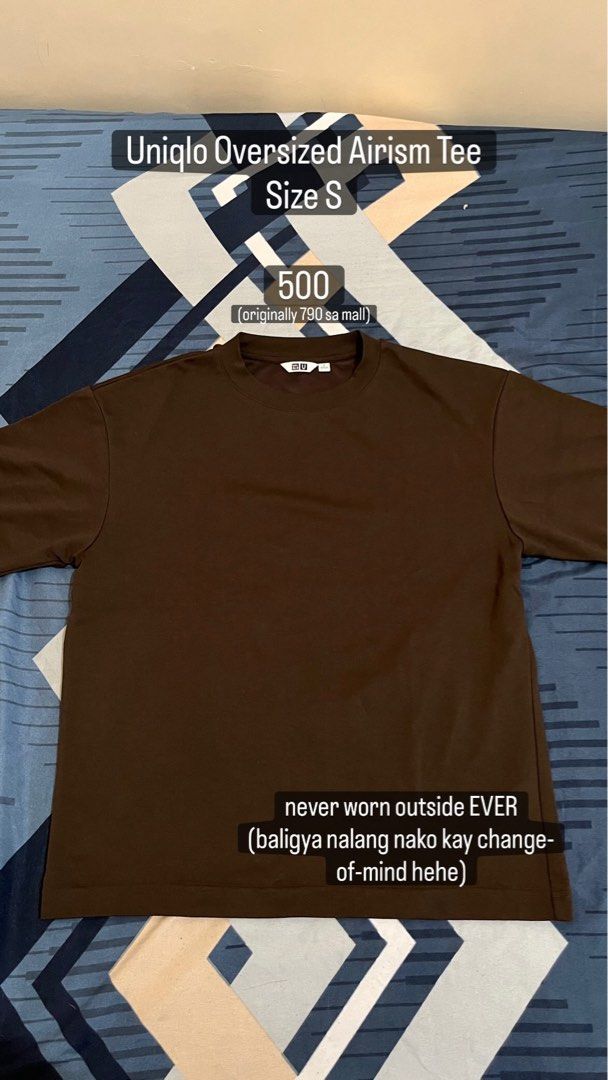 Uniqlo Oversized Airism Tee Size S Brown (Category: Tshirts & Polo Shirts ) located in Cebu City. Submitted by yasethhh (Listing ID 1468140922, Image 1). Description: - Brand: Uniqlo Oversized AIRism Tee - Color: Brown - Size: S - Condition: Brand new, never worn outside (changed mind on color) - Price: ₱500 (Bought at mall for ₱790 - save ₱290!) sliightly nego Can do meetups within cebu city (preferably malls). Can also deliver. SF shouldered by