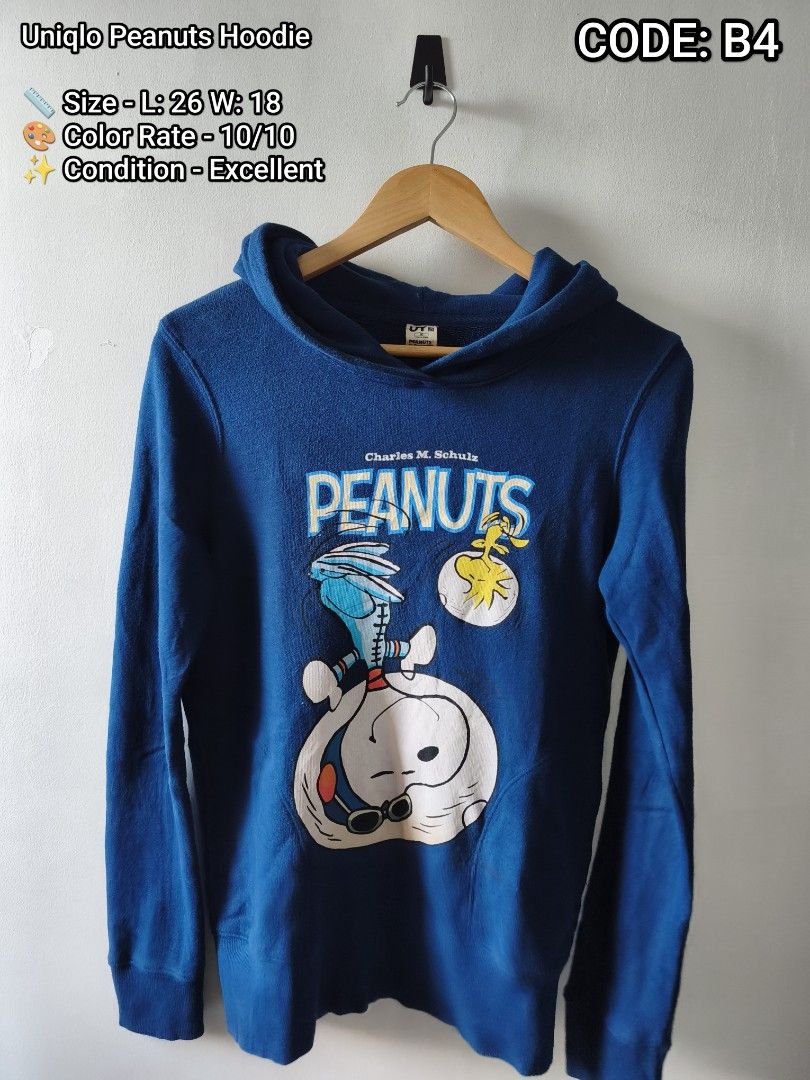 Uniqlo Peanuts Hoodie Blue Code B4 (Category: Hoodies) located in Manila. Submitted by gelog2 (Listing ID 1468144746, Image 1). Description: - Brand: Uniqlo x Peanuts - Design: Charles M. Schulz graphic on front - Color: Vibrant blue - Condition: 10/10 (Excellent, like new) - Features: Long sleeves with built-in hood - Measurements: Length 26" | Width 18" - Item Code: B4.