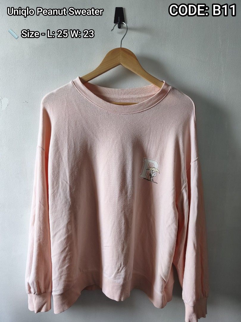 Uniqlo Peanuts Snoopy Pink Sweatshirt Size L Code B11 (Category: Coats, Jackets and Outerwear) located in Manila. Submitted by gelog2 (Listing ID 1468146094, Image 1). Description: - Brand: Uniqlo x Peanuts - Color: Light Pink - Design: Snoopy under umbrella graphic on the front, crewneck - Size: Large - Measurements: 25" length x 23" width - Condition: Excellent casual wear staple - Shipping or meetups available across PH.