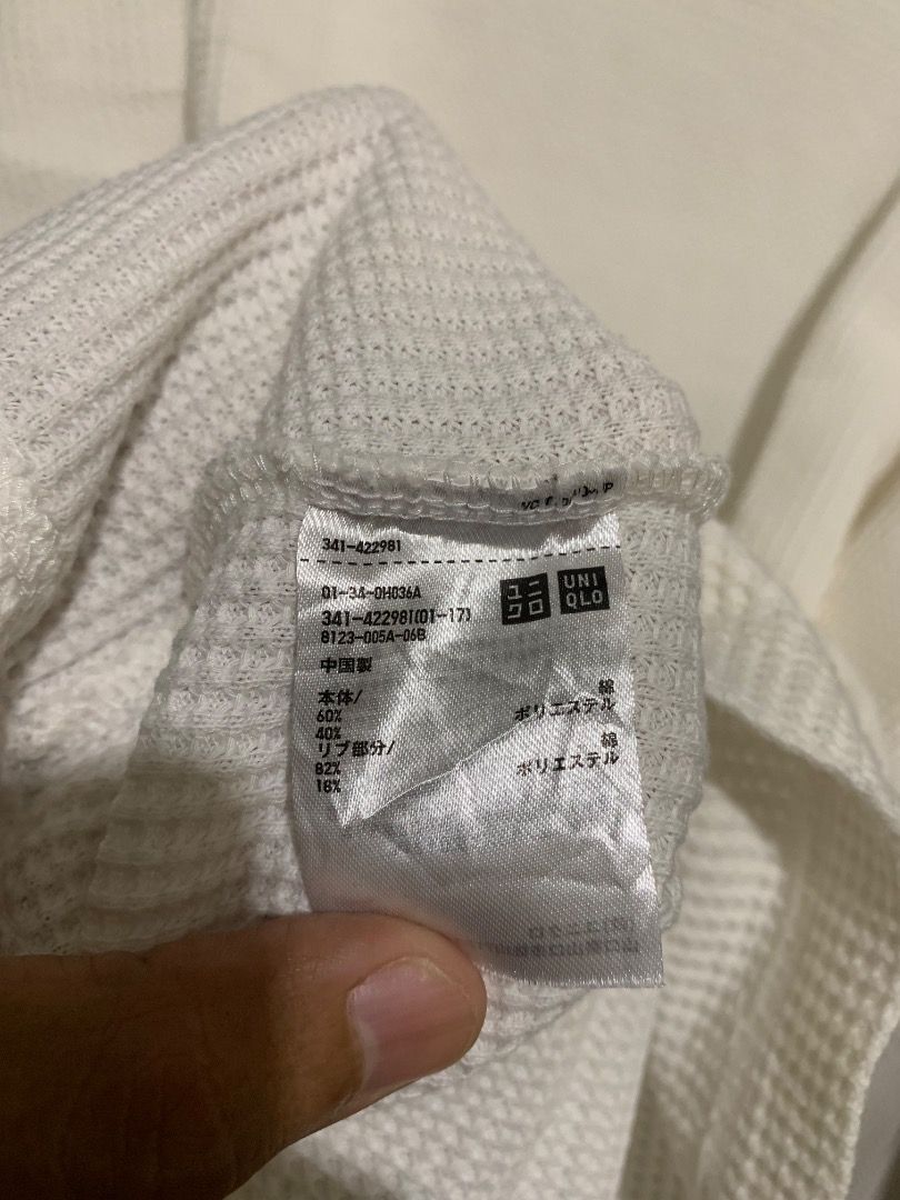 Uniqlo Waffle Sweater (White) (Category: Coats, Jackets and Outerwear) located in Taguig. Submitted by reused.unused (Listing ID 1468205949, Image 3). Description: Uniqlo Waffle Sweater (White) XL on tag 31in length (waist to hem) 27in length (sleeve) 19in width (shoulder) 25in width (pit to pit) Issue/s: signs of usage -refer to photos for actual condition -refer to close up photo for actual color -pre-loved item so signs of usage is expected -f