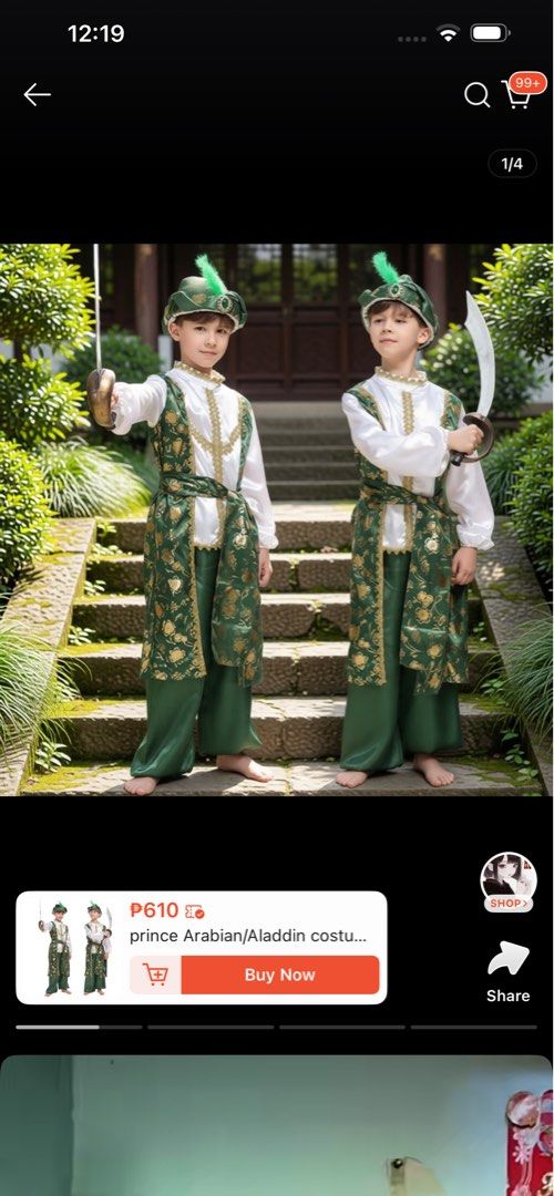 United Nations Costume (Category: Babies & Kids Fashion) located in Manila. Submitted by michdc07 (Listing ID 1468090502, Image 1). Description: -Arabian Prince costume for United Nations, Book Week, school plays, or costume parties, Halloween - Includes satin tunic top with gold trim, matching patterned trousers, and a feather headband with a faux emerald gem - Features vibrant colors and shiny fabric -sword not included -size 110 on tag (4-5yrs