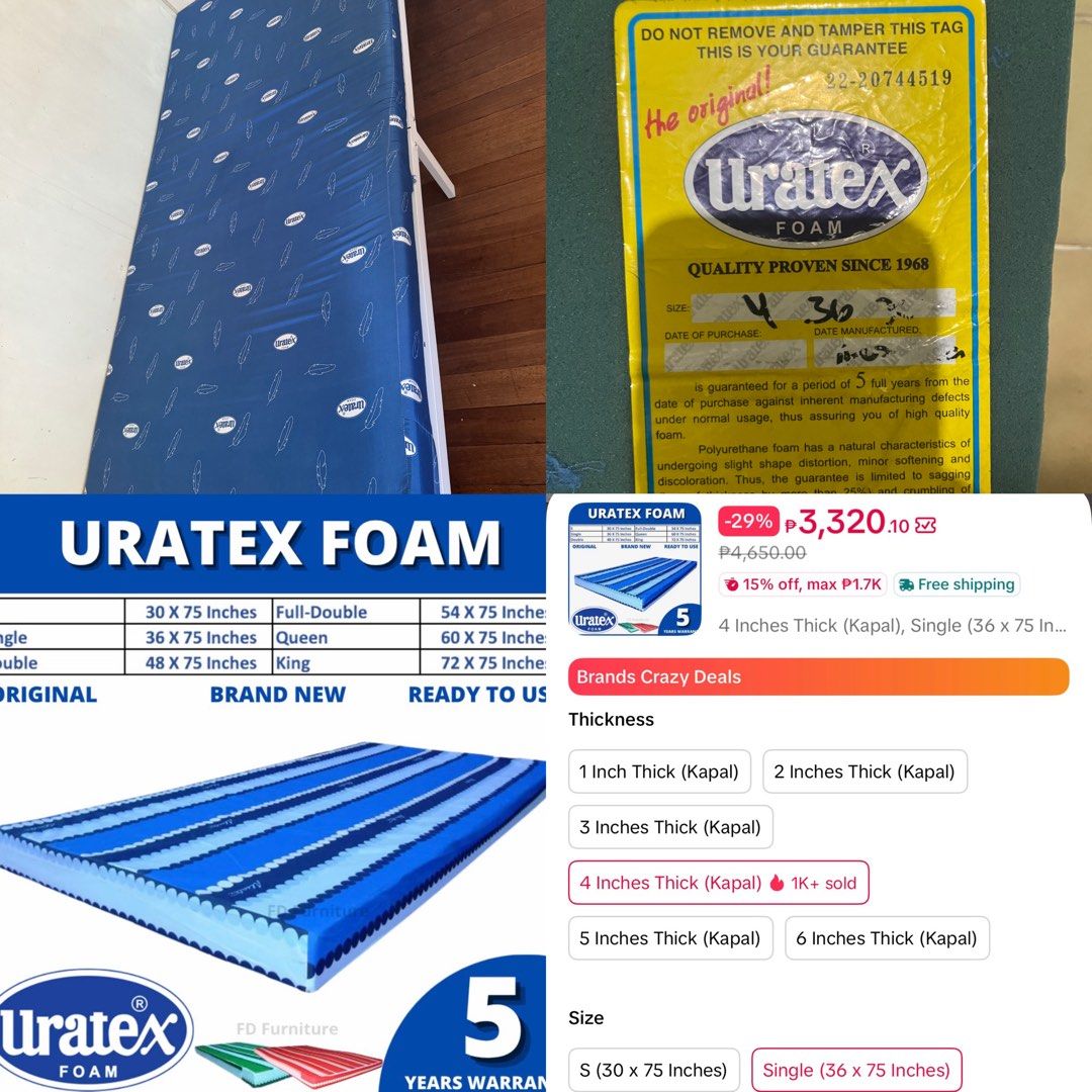 Uratex Bed Foam (Category: Bedding & Towels) located in Pateros City. Submitted by kuradang27 (Listing ID 1468262682, Image 1). Description: ❗️₱1,989 FS ORIGINAL URATEX FOAM P1,989 only super mura napo nyan dahil 3k+ bili namin sa puregold then nasa 3k+ din price nya sa online. 36x75x4” No issue Barely use dahil pang bisita lang to gamit Negotiable for sure miner .