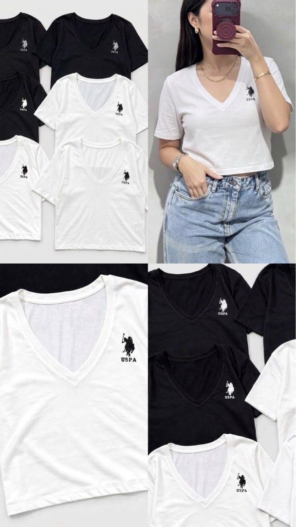 USPA V-Neck Crop Top (Category: Shirts) located in Las Pinas. Submitted by dreas.thrift (Listing ID 1468203114, Image 1). Description: available size and color: — White (small) (xl) — Black (large) 2pcs.