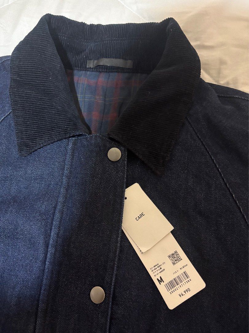 Utility Short Jacket Denim (Category: Coats, Jackets and Outerwear) located in Manila. Submitted by fkar91281 (Listing ID 1468279849, Image 3). Description: - Brand: Brand new with original store tag attached - Size: M - Color/Material: Dark blue denim with contrasting black corduroy collar - Features: Front snap button closure, two front pockets, and warm plaid inner lining - Condition: Never worn, bought recently - Ideal for: Great layering pie