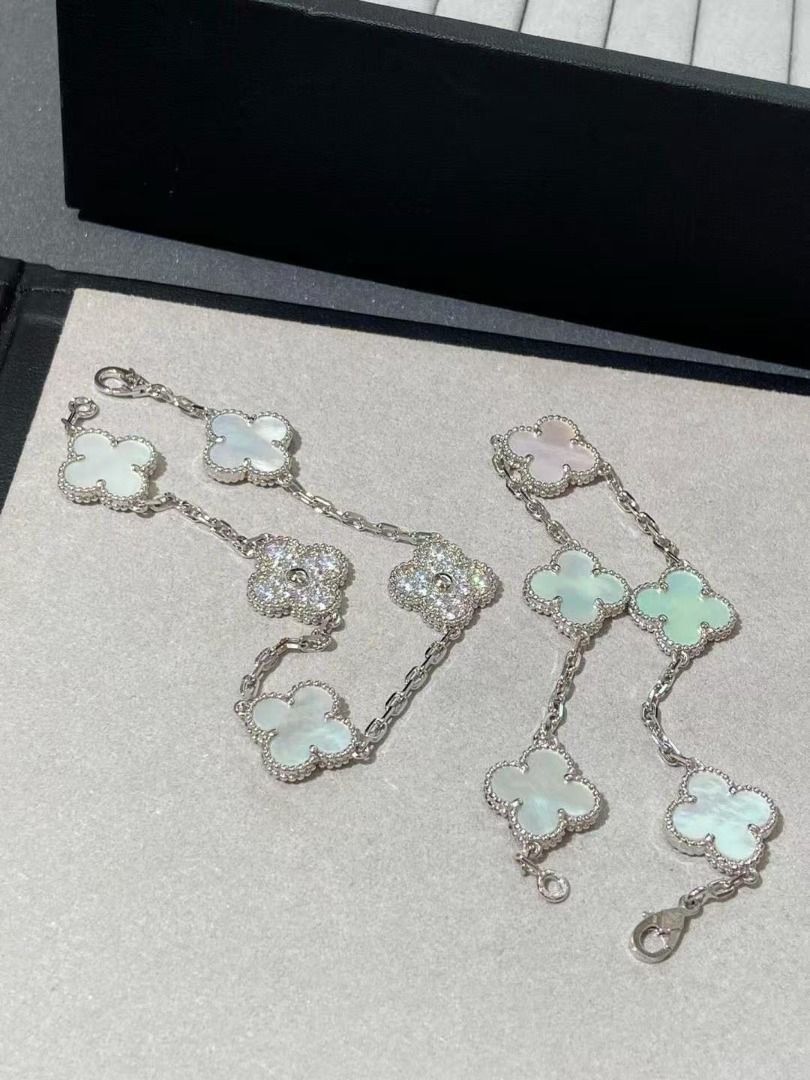 Van Cleef & Arpels Alhambra clover motif bracelet (Category: Bracelets) located in Mandaluyong City. Submitted by sadihaviur09733 (Listing ID 1468124705, Image 2). Description: - Design: Silver-tone chain with four-leaf clover motifs - Details: Alternating mother-of-pearl style white clovers and sparkly pavé crystal clovers - Closure: Secure lobster clasp with adjustment links for a custom fit - Fit: Standard length, delicate and versatile - Cond