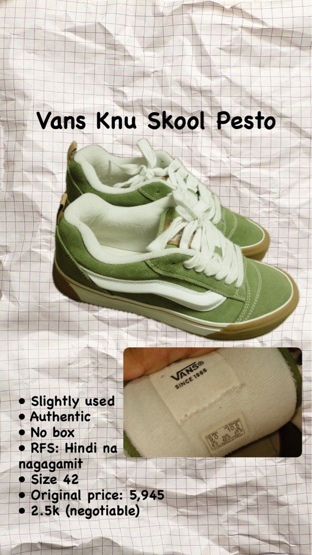 Vans Knu Skool Pesto (Category: Casual Shoes) located in Tuguegarao City. Submitted by chimi_mochi (Listing ID 1468147141, Image 1). Description: - Item: Vans Knu Skool (Pesto colorway) - Size: 42 EUR / US Men 9.0 / US Women 10.5 - Condition: Authentic, slightly used, no box - Features: Chunky laces, padded tongue, classic skate style - Reason for Selling: Hindi na nagagamit - Price: ₱2,500 (Original price ₱5,945) - negotiable.