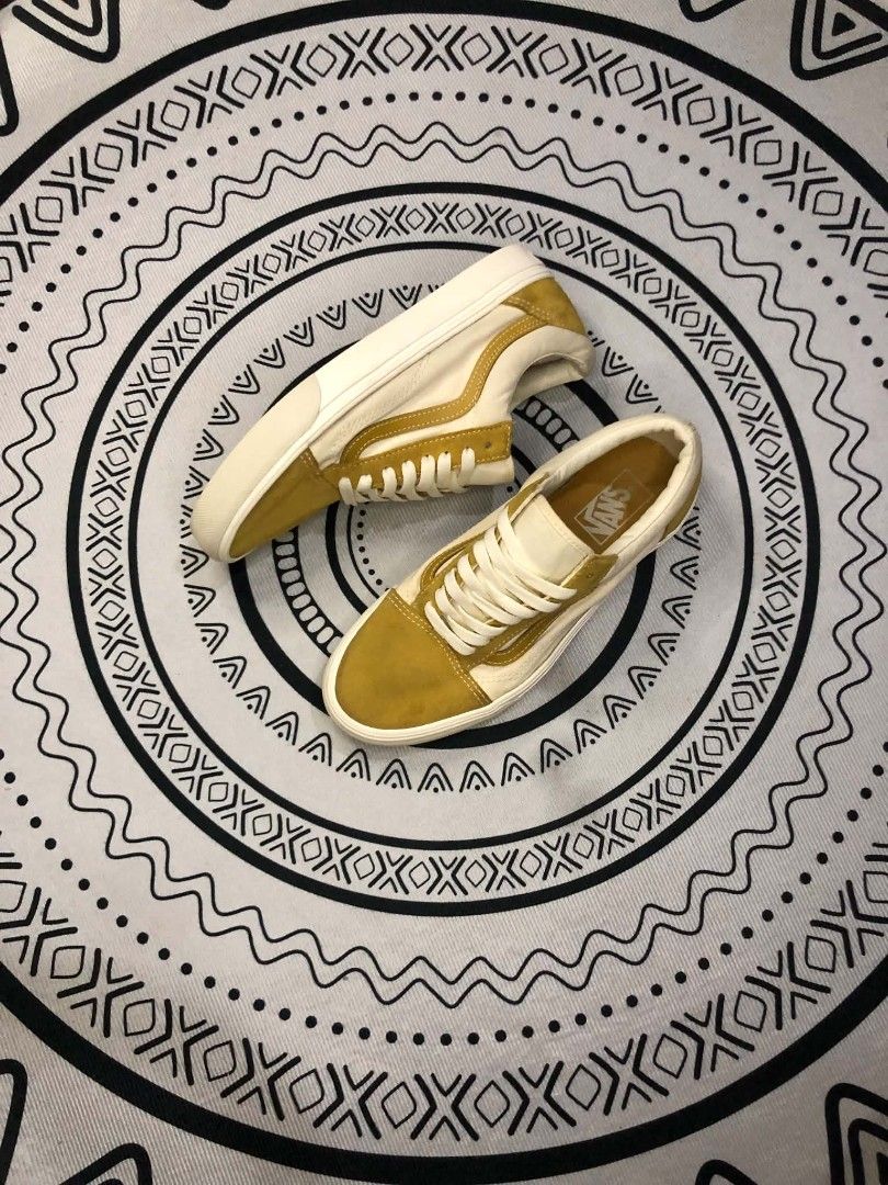 Vans Old Skool Mustard Yellow White (Category: Sneakers) located in Manila. Submitted by sonkicks (Listing ID 1468253260, Image 1). Description: - Brand/Model: Vans Old Skool - Colorway: Mustard Yellow and Off-White - Size: US Men 9 / US Women 10.5 / UK 8 / EUR 42 / 27cm - Material: Canvas and suede panels with leather sidestripe - Sole: Chunky rubber waffle outsole - Condition: Minor dirt marks on bottom soles, upper is in great shape.