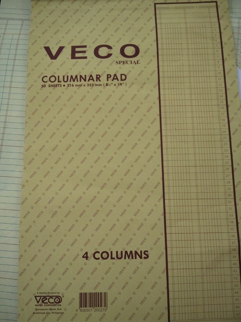 VECO Special Columnar Pad 4 Columns 50 Sheets (Category: Medical Supplies & Tools) located in Manila. Submitted by epicocean_bc6ede (Listing ID 1468215682, Image 1). Description: - Brand: VECO - Type: 4-Column Ledger/Columnar Pad - Sheet Count: 50 sheets - Size: 216 mm x 355 mm (approx. 8.5 x 14 inches) - Ideal for: Accounting, bookkeeping, budgeting, and data organizing - Condition: Brand new and clean, ready for writing.