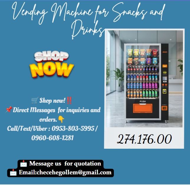 Vending Machine for Snacks and Drinks (Category: Everything Else Others) located in Caloocan City. Submitted by acergollem65014 (Listing ID 1468060863, Image 1). Description: *With 5 inch screen, 16-keys metal keypad *With cooling,4to25°C *advanced drop sensor *International MDB\DEX standard *tempered glass with defogging *without elevator system *Standard spiral coil trays ，6 trays, 10slots/tray *with 4G module *Size:H1940*W1053*D790mm *220V,60H