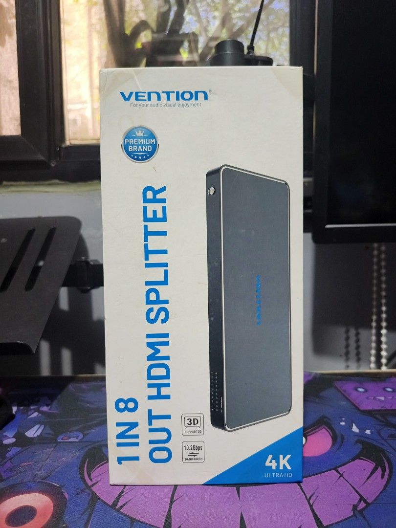 Vention 1 In 8 Out HDMI Splitter 4K (Category: Cables & Adaptors) located in San Juan City. Submitted by markieethebomb (Listing ID 1468094599, Image 1). Description: - Vention 1-in 8-out HDMI Splitter - Mirrors one input signal across eight displays simultaneously - Supports stunning 4K Ultra HD video, 3D visuals, and 10.2Gbps bandwidth - Durable and sleek black metal casing with built-in power and output status indicator lights - Original box i