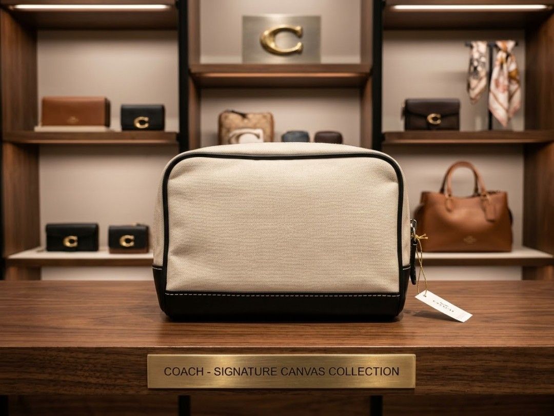 Vintage Coach Hampton Cosmetic Pouch Canvass & Leather (Category: Purses & Pouches) located in San Jose. Submitted by nnayramsfinds (Listing ID 1468076372, Image 1). Description: -with dustbag and care card -SF is 75 -first photo is AI edit.