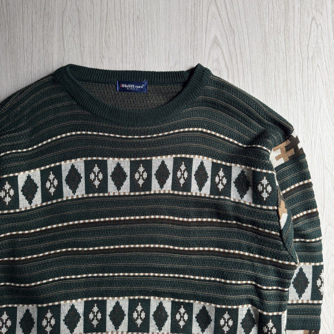 Vintage geometric pattern sweater (Category: Coats, Jackets and Outerwear) located in Zamboanga. Submitted by rustic.rev (Listing ID 1468082180, Image 2). Description: Vintage geometric pattern sweater Excellent condition, stickhole left sleeve Tagged: NA fits M Actual Measurements: Pit to pit: 20.5” Length: 27.5” Shoulders: 20” Sleeves length: 22.5”.