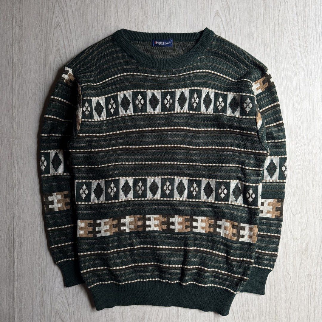 Vintage geometric pattern sweater (Category: Coats, Jackets and Outerwear) located in Zamboanga. Submitted by rustic.rev (Listing ID 1468082180, Image 1). Description: Vintage geometric pattern sweater Excellent condition, stickhole left sleeve Tagged: NA fits M Actual Measurements: Pit to pit: 20.5” Length: 27.5” Shoulders: 20” Sleeves length: 22.5”.