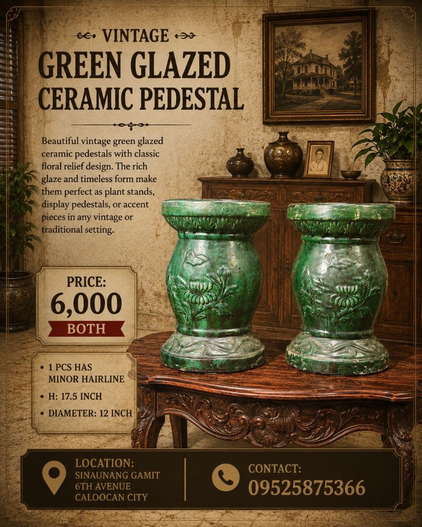 Vintage Green Glazed Ceramic Pedestal (Category: Vintage Collectibles) located in Manila. Submitted by makkieenri69972 (Listing ID 1468235939, Image 1). Description: 🔰 Location: 6th Avenue, Corner 3rd Street Caloocan City ➡️ Landmark ( Sinaunang Gamit PH ) 💵 Mode of Transaction 📍 Gcash or Maya 📍 Bank Transfer ✔️We accept 🔴 Cash on Delivery ( Lalamove, Transportify, Bus Cargo, Trucking Cargo) 🔴 Cash on Pick-up or Meet-up Feel free to visit L