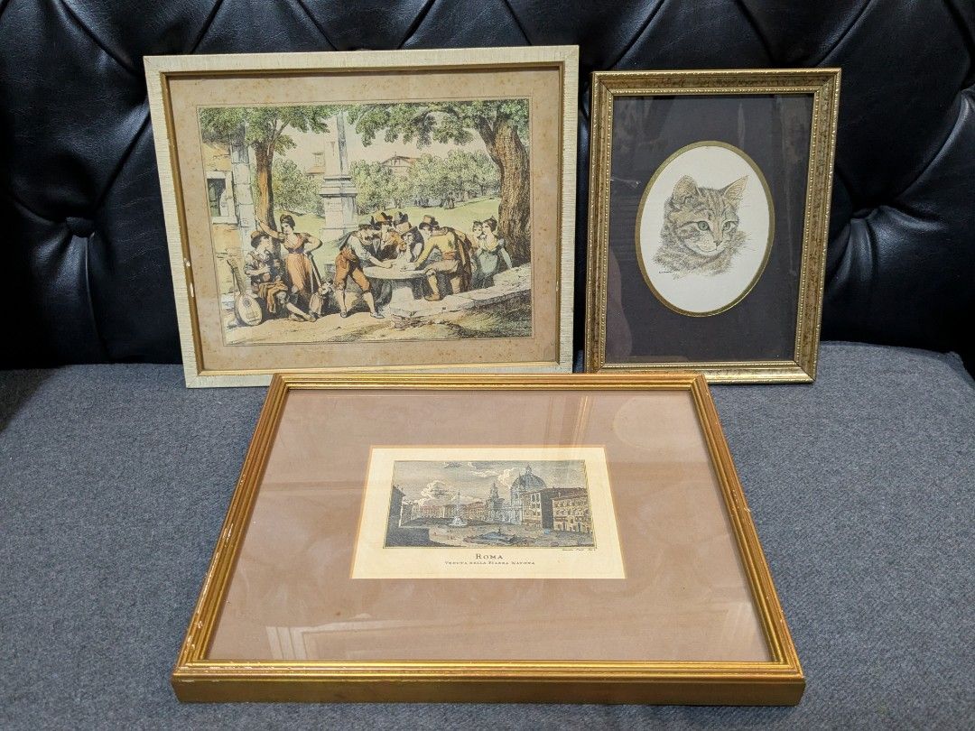Vintage Italian Etching Framed Arts (Category: Art & Prints) located in Makati City. Submitted by thepatentedmill.ph (Listing ID 1468279449, Image 1). Description: 1. Top Left: Bartolomeo Pinelli Roman Etching • "Gioco della Morra" (1830) by famous Roman artist Bartolomeo Pinelli. • Features a lively traditional Italian street game scene. • Housed in a vintage cream/gold frame - Size: 9.5x12 Inches - (Price: 3,000.00) 2. Bottom: Large Piazza Navo