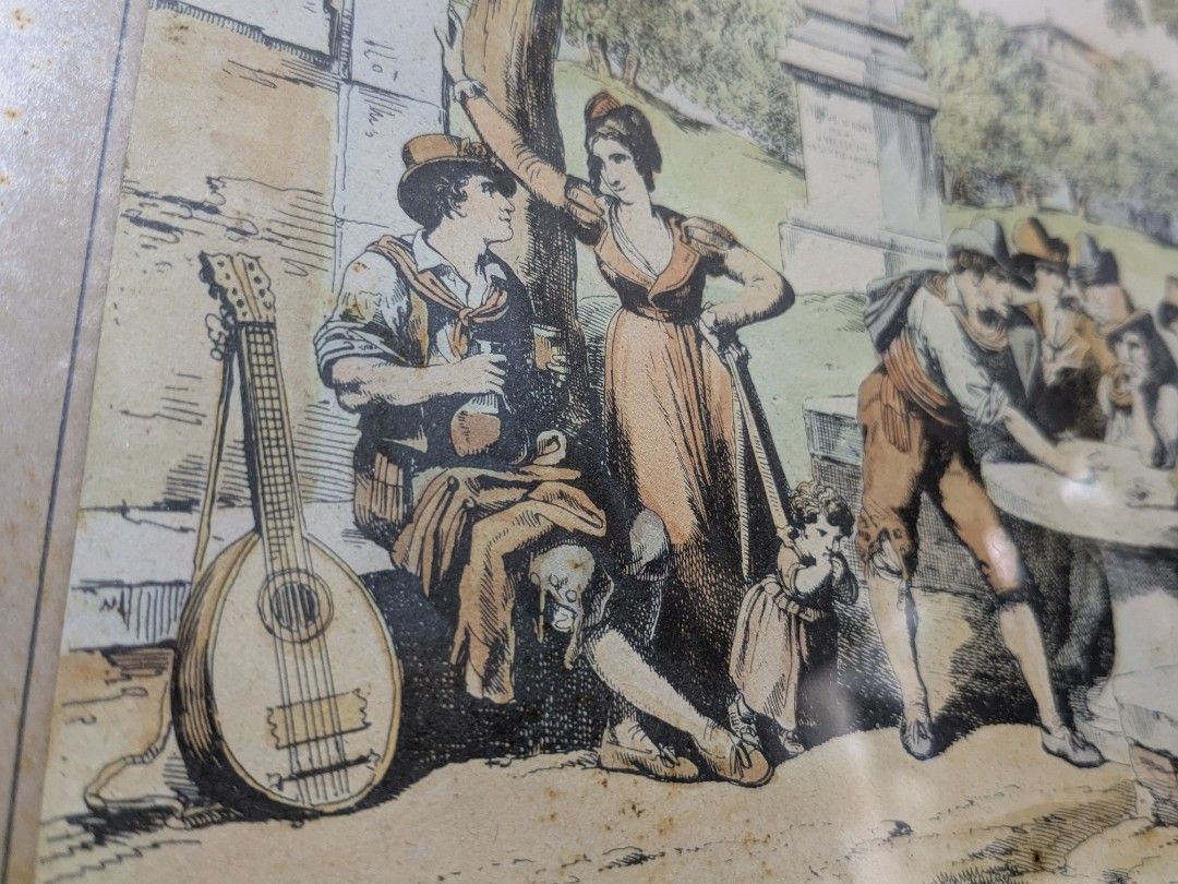 Vintage Italian Etching Framed Arts (Category: Art & Prints) located in Makati City. Submitted by thepatentedmill.ph (Listing ID 1468279449, Image 3). Description: 1. Top Left: Bartolomeo Pinelli Roman Etching • "Gioco della Morra" (1830) by famous Roman artist Bartolomeo Pinelli. • Features a lively traditional Italian street game scene. • Housed in a vintage cream/gold frame - Size: 9.5x12 Inches - (Price: 3,000.00) 2. Bottom: Large Piazza Navo