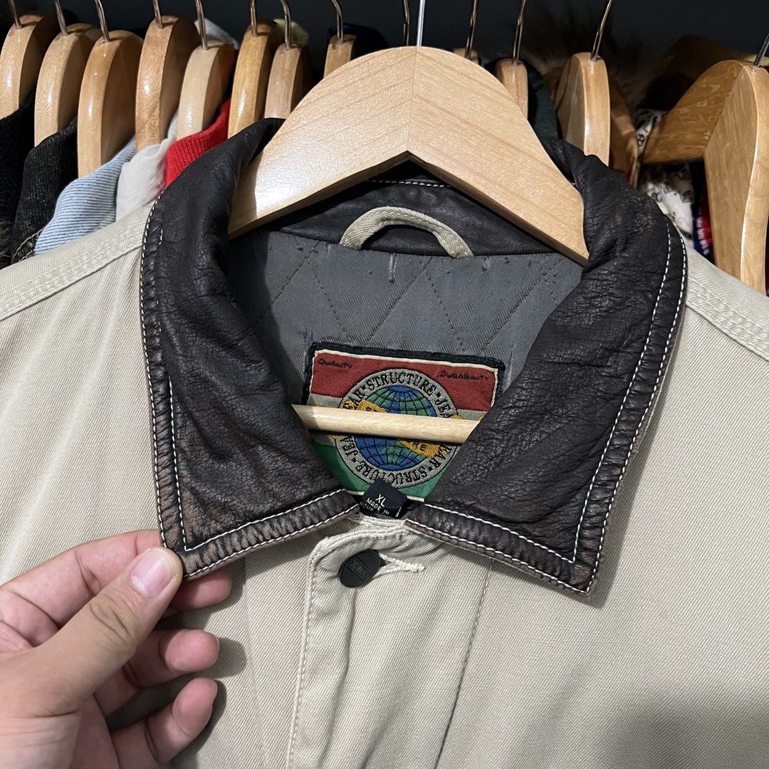 Vintage jeanswear structure leather collar jacket (Category: Coats, Jackets and Outerwear) located in Baguio. Submitted by itsvintageclothing (Listing ID 1468161267, Image 3). Description: Xl on tag Length 26 Pit to pit 28 Stain.