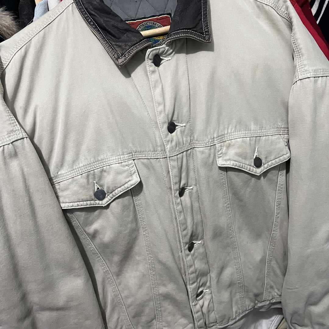 Vintage jeanswear structure leather collar jacket (Category: Coats, Jackets and Outerwear) located in Baguio. Submitted by itsvintageclothing (Listing ID 1468161267, Image 2). Description: Xl on tag Length 26 Pit to pit 28 Stain.