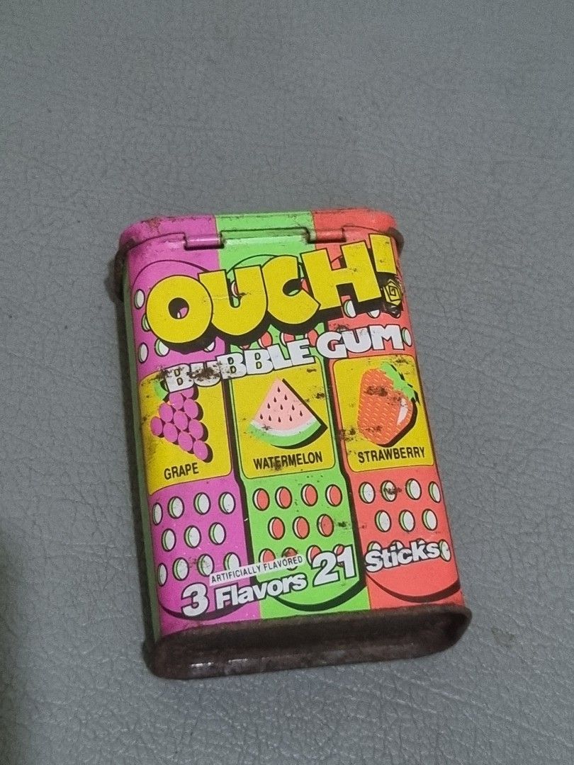 Vintage OUCH! Bandage Bubble Gum Empty Tin 1990's (Category: Vintage Collectibles) located in Silang. Submitted by samflores2k4t7 (Listing ID 1468083291, Image 1). Description: For sale Vintage OUCH! Bandage Bubble Gum Empty Tin 1990's Made in USA Issue Rust due to age.