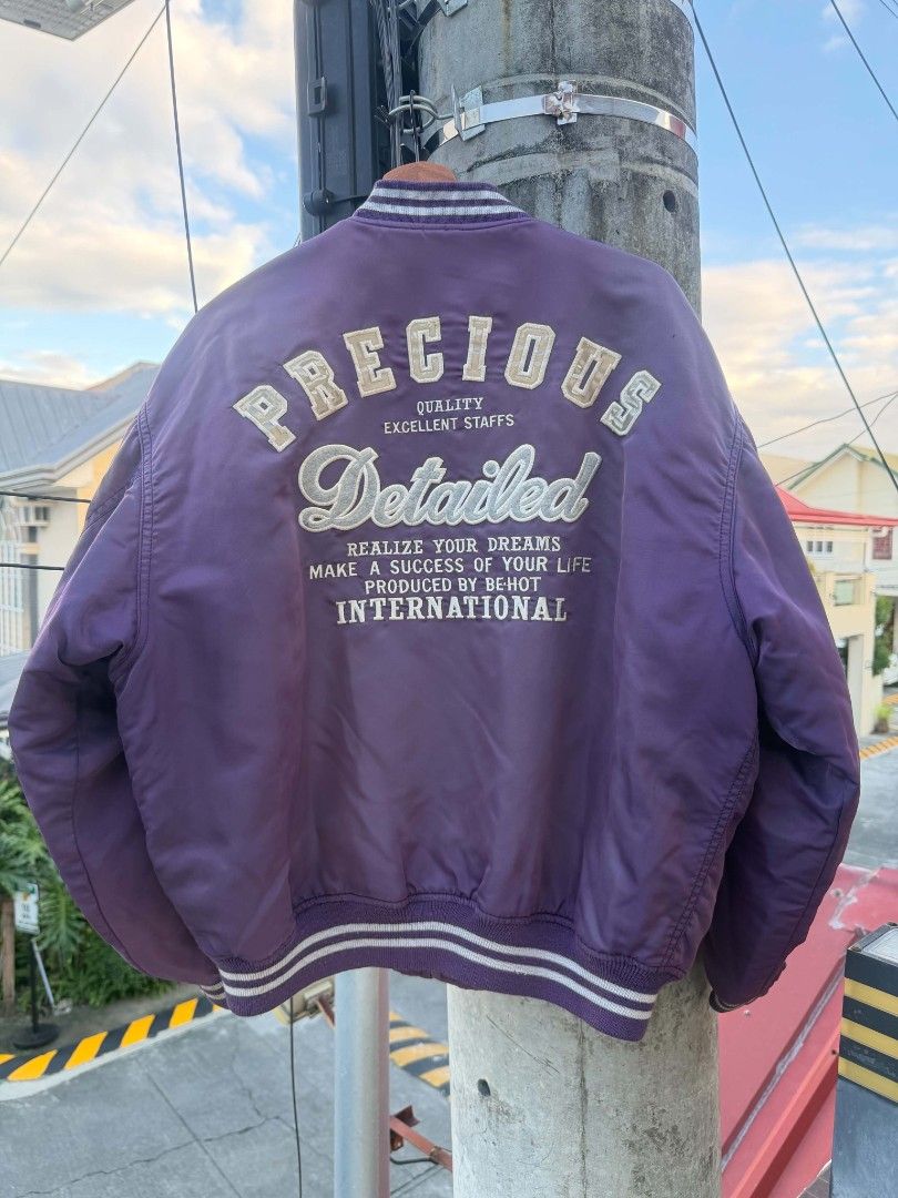 Vintage Varsity Jacket (Category: Coats, Jackets and Outerwear) located in Paranaque City. Submitted by prettyboy26 (Listing ID 1468158515, Image 2). Description: ​🏷️ Vintage Be-Hot International Satin Bomber Jacket (Purple) ​Up for grabs is an authentic vintage bomber/varsity-style satin jacket by Be-Hot International featuring bold embroidered graphic patches on the chest, sleeve, and back. ​📌 Details: ​Brand: Be-Hot International ("Outstandi