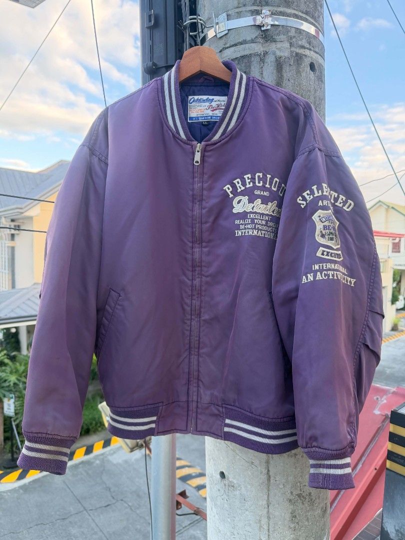 Vintage Varsity Jacket (Category: Coats, Jackets and Outerwear) located in Paranaque City. Submitted by prettyboy26 (Listing ID 1468158515, Image 1). Description: ​🏷️ Vintage Be-Hot International Satin Bomber Jacket (Purple) ​Up for grabs is an authentic vintage bomber/varsity-style satin jacket by Be-Hot International featuring bold embroidered graphic patches on the chest, sleeve, and back. ​📌 Details: ​Brand: Be-Hot International ("Outstandi