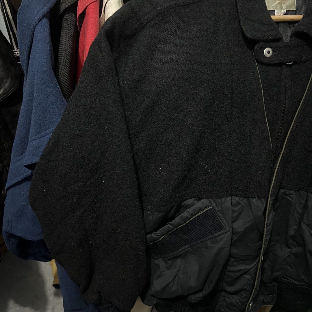 Vintage wool bomber jacket (Category: Coats, Jackets and Outerwear) located in Baguio. Submitted by itsvintageclothing (Listing ID 1468153193, Image 3). Description: Length 26 Pit to pit 26 Missing 1 button .