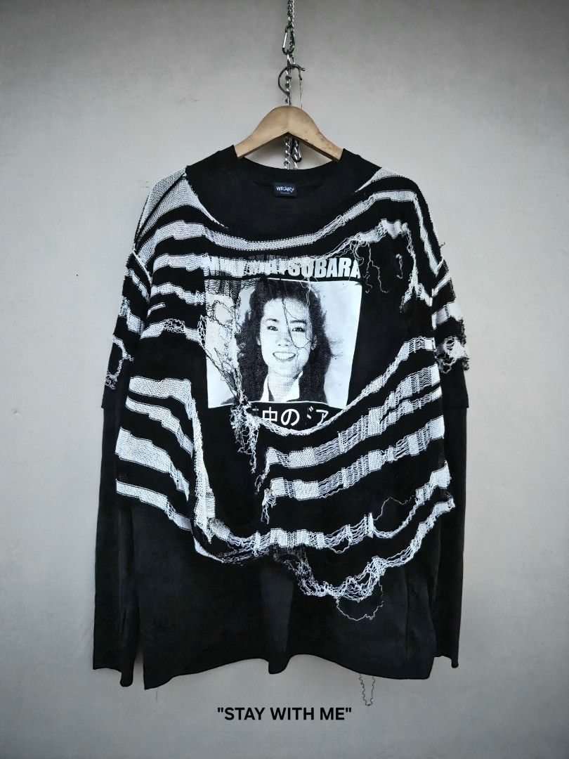 WEARy Studios custom distressed longsleeve (Category: Tshirts & Polo Shirts ) located in Caloocan City. Submitted by wearystudios (Listing ID 1468215271, Image 3). Description: "STAY WITH ME" MIKI MATSUBARA oversized layered longsleeves, extended sleeves from cotton shirt and overlayed distressed knitwear (detachable), logo print at the back 1/1 Oversized Shoulder 21.5 Full sleeves 27 Pit 26 Length 31.5 4,500.